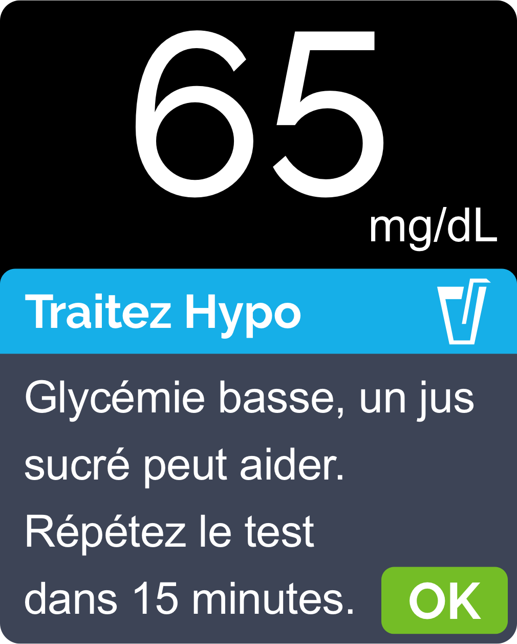 Représentation à l'écran d'un lecteur de glycémie montrant en haut une valeur numérique de 65 milligrammes par décilitre, au centre une barre bleue indiquant que la mesure du glucose est inférieure aux paramètres normaux, et en dessous un texte indiquant l'injection d'un jus sucré et la répétition du test après 15 minutes.
